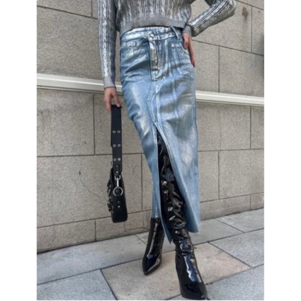 Zara Metallic Denim Skirt Coated Silver Maxi Asymmetric w/ Slit Futuristic NWT S - Picture 1 of 10